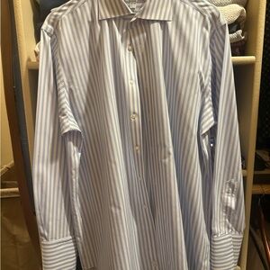 Paul Fredrick Light Blue and White Striped Dress Shirt